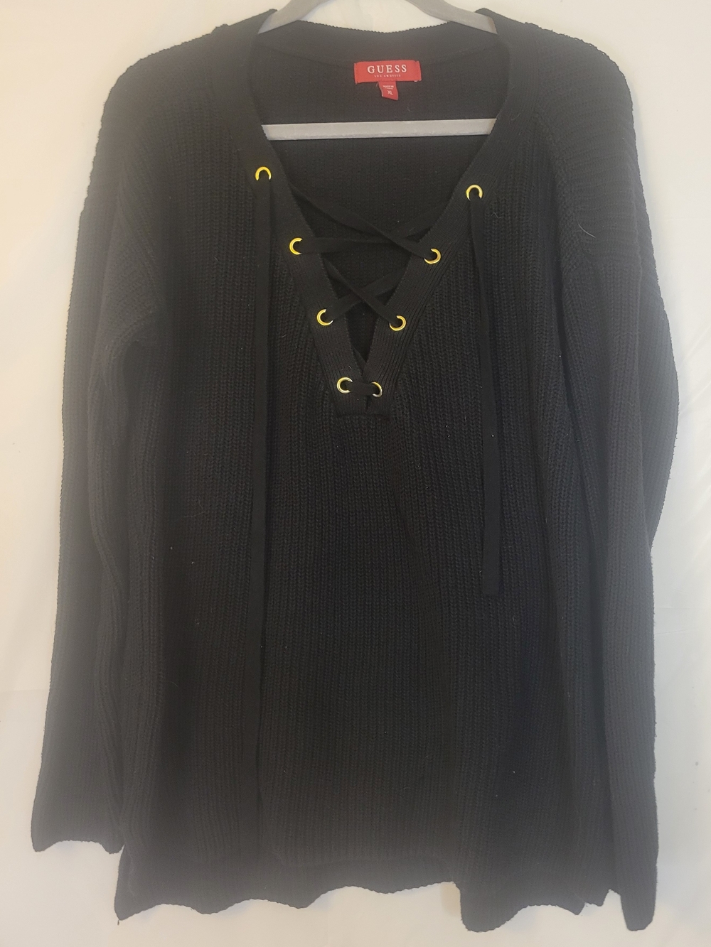 Guess Black Lace-Up V-Neck Knit Coverup with Gold Eyelets